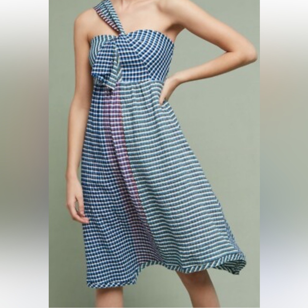 Anthropologie Maeve Waverly Gingham One Shoulder Dress Size 8 - Picture 2 of 9